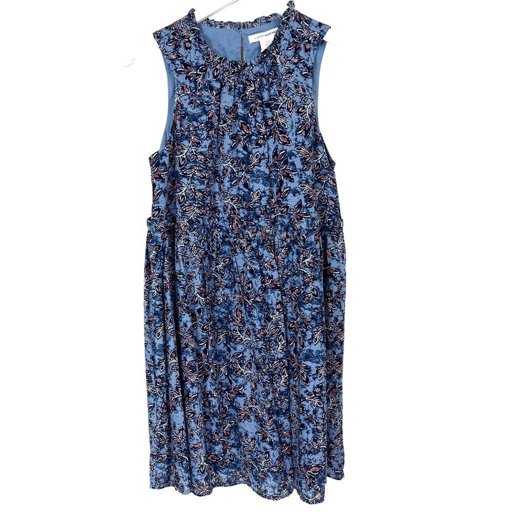 Lucky Brand Dress Womens Small Blue Print Sleeveless Leaf Ruffle